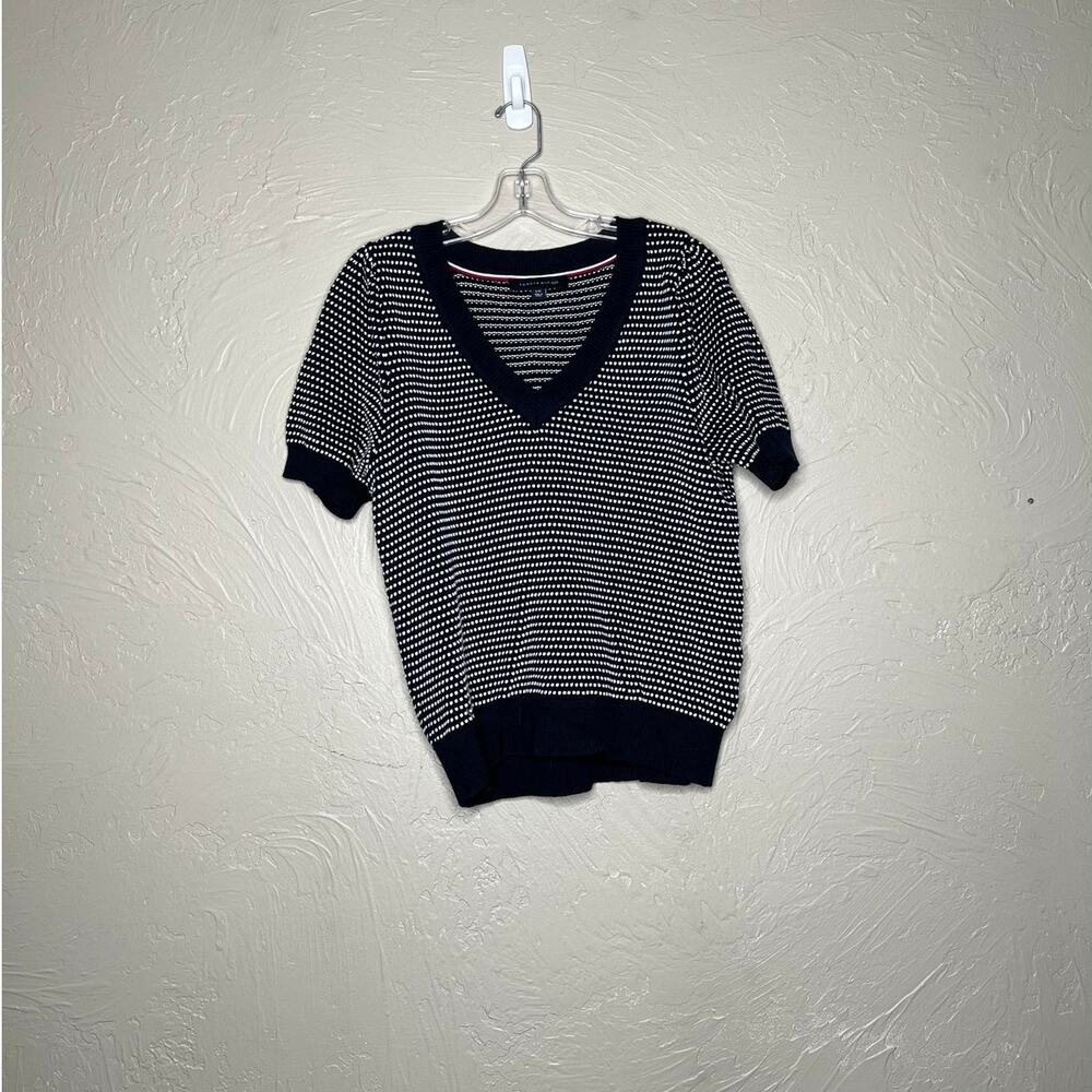 Tommy Hilfiger Women's L Navy White Striped V-Neck Sweater